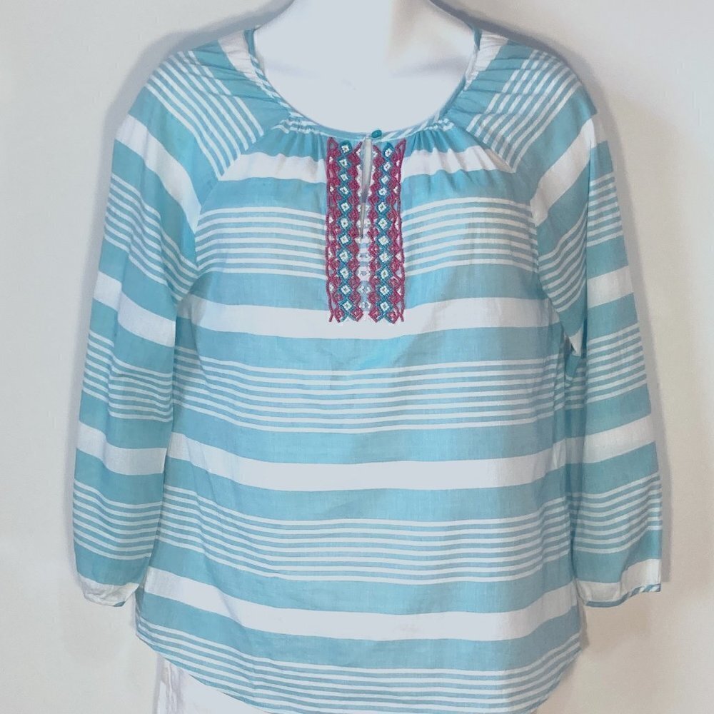 Talbots SZ M Aqua & White stripe lightweight cotton top with beading details